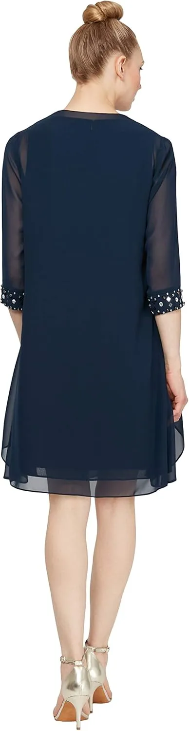 S.L. Fashions Women's Chiffon Tier Jacket Dress with Beaded Neck and Cuffs