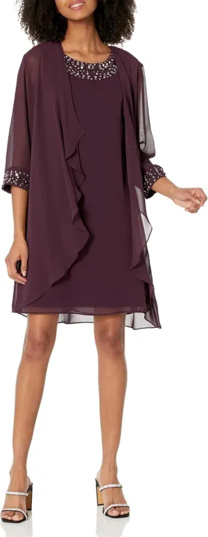 S.L. Fashions Women's Chiffon Tier Jacket Dress with Beaded Neck and Cuffs