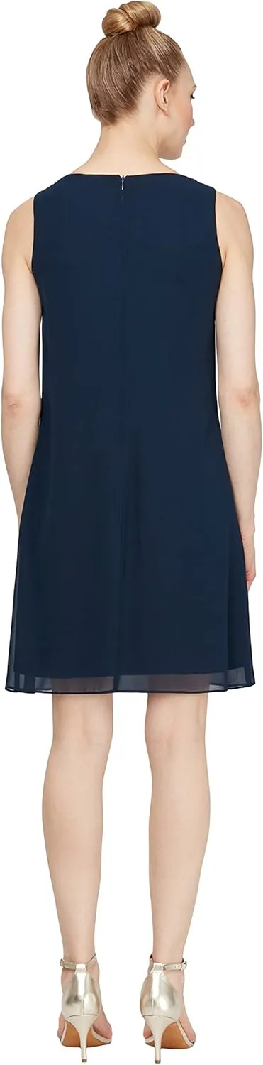 S.L. Fashions Women's Chiffon Tier Jacket Dress with Beaded Neck and Cuffs