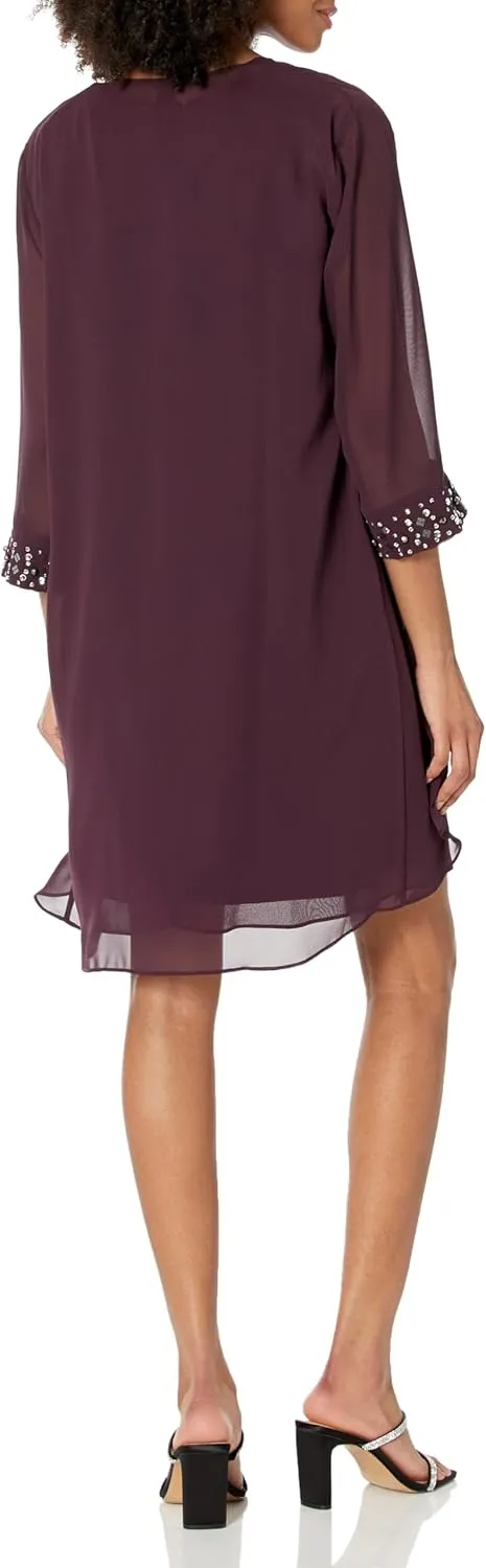 S.L. Fashions Women's Chiffon Tier Jacket Dress with Beaded Neck and Cuffs
