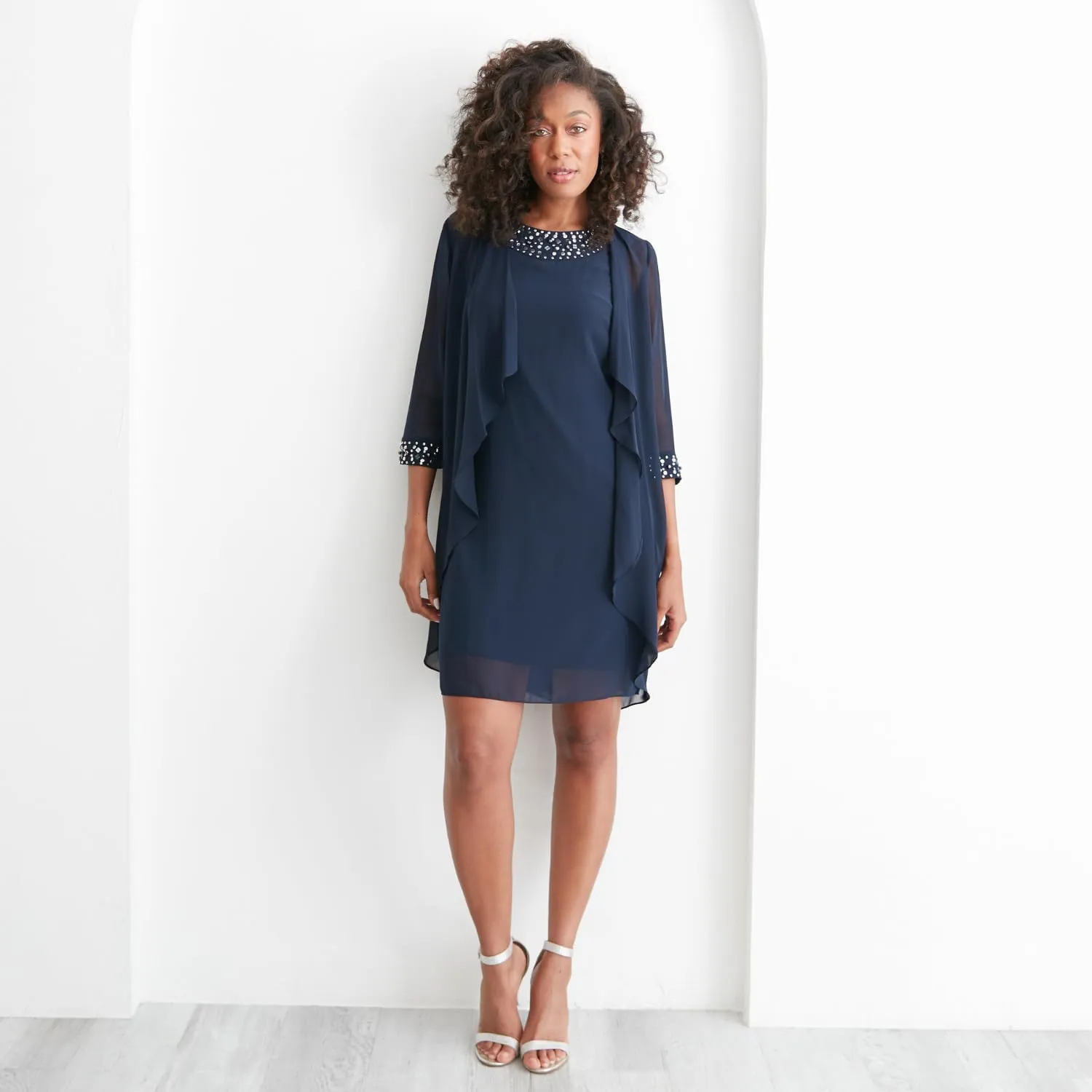 S.L. Fashions Women's Chiffon Tier Jacket Dress with Beaded Neck and Cuffs