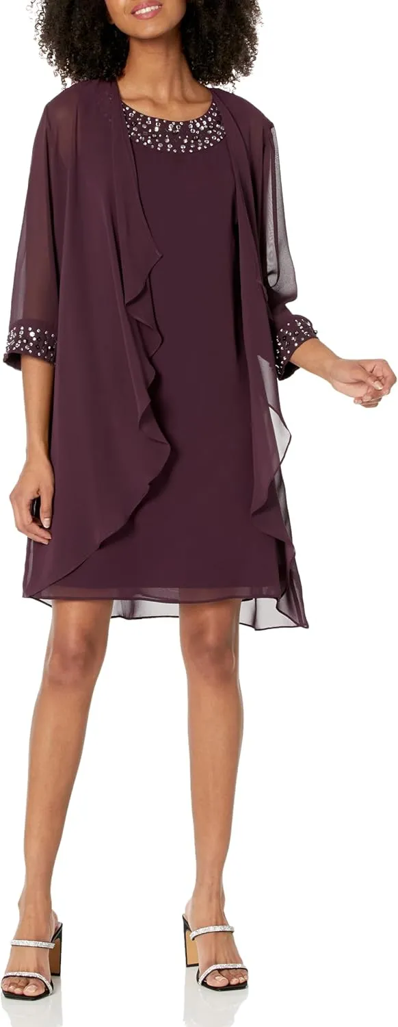 S.L. Fashions Women's Chiffon Tier Jacket Dress with Beaded Neck and Cuffs
