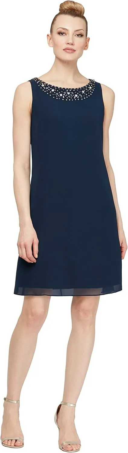 S.L. Fashions Women's Chiffon Tier Jacket Dress with Beaded Neck and Cuffs