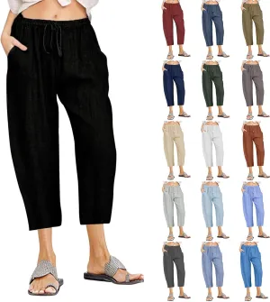 SMIDOW Cotton Linen Wide Leg Pants for Women Casual Summer Drawstring Elastic Waist Capris Loose Cropped Trouser with Pockets
