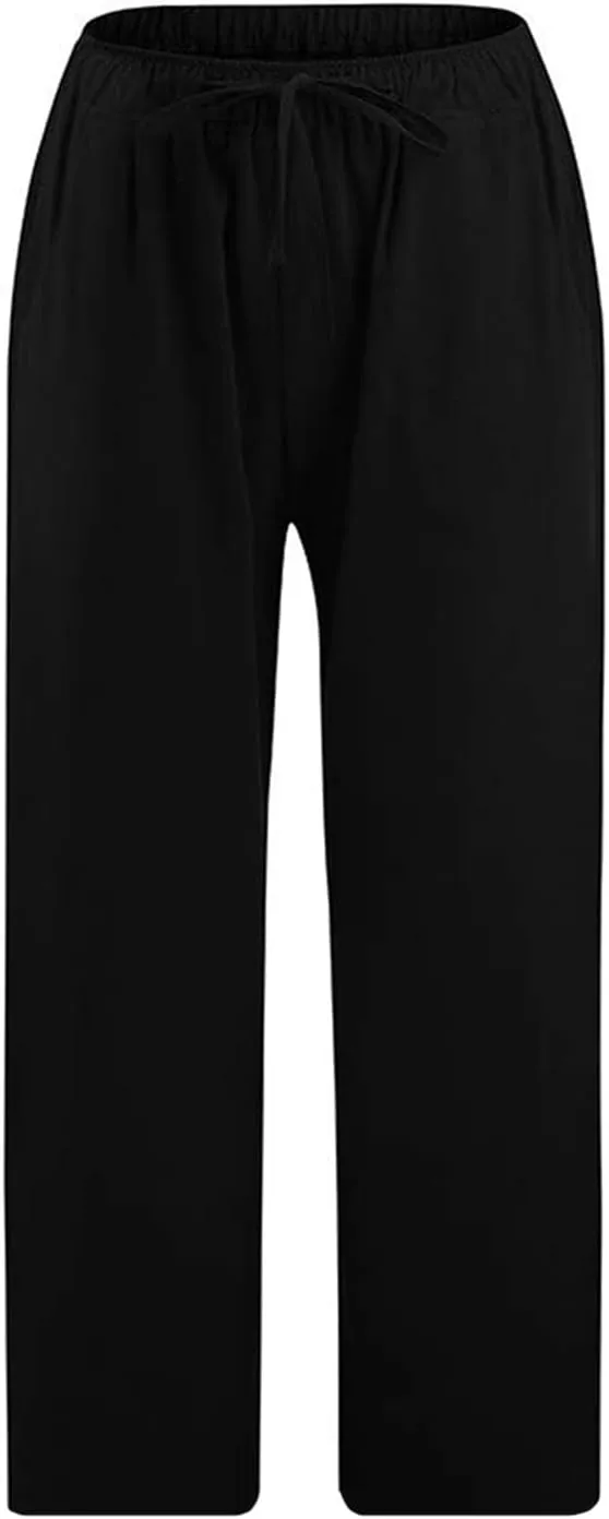 SMIDOW Cotton Linen Wide Leg Pants for Women Casual Summer Drawstring Elastic Waist Capris Loose Cropped Trouser with Pockets