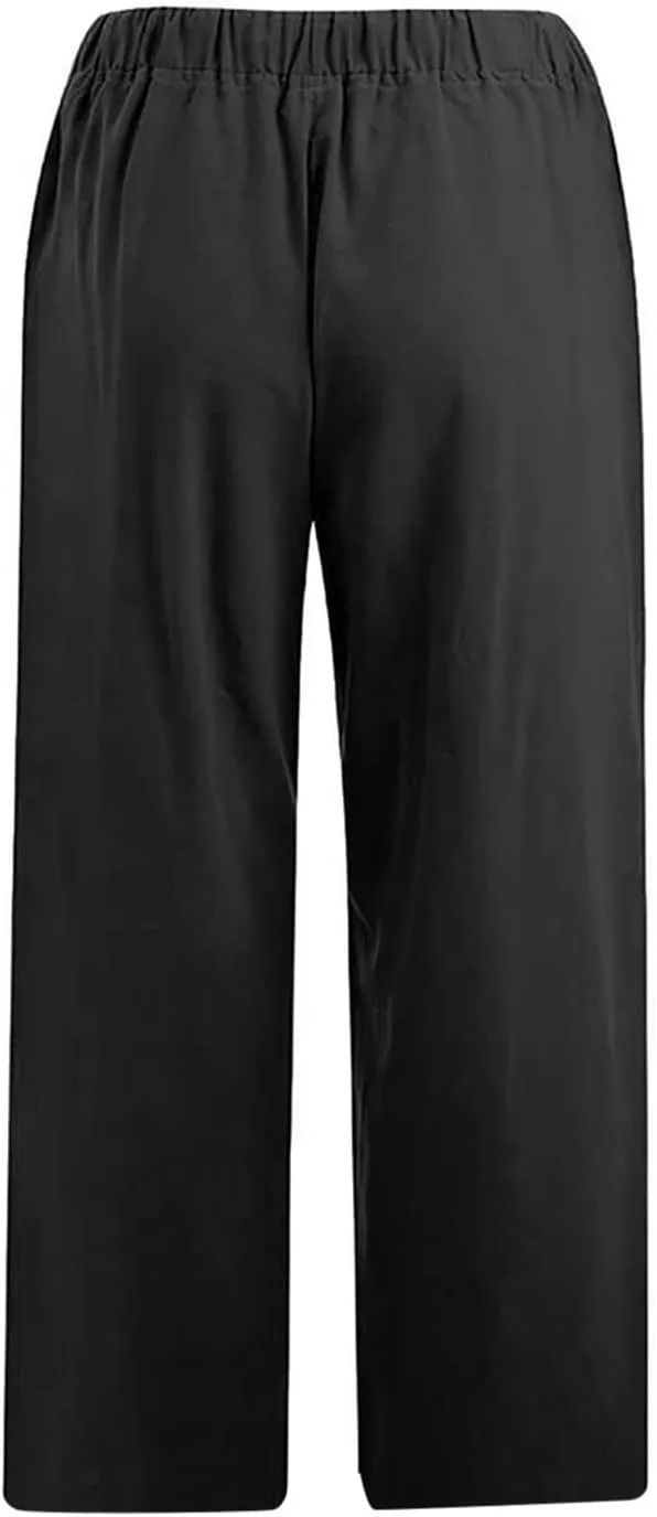 SMIDOW Cotton Linen Wide Leg Pants for Women Casual Summer Drawstring Elastic Waist Capris Loose Cropped Trouser with Pockets