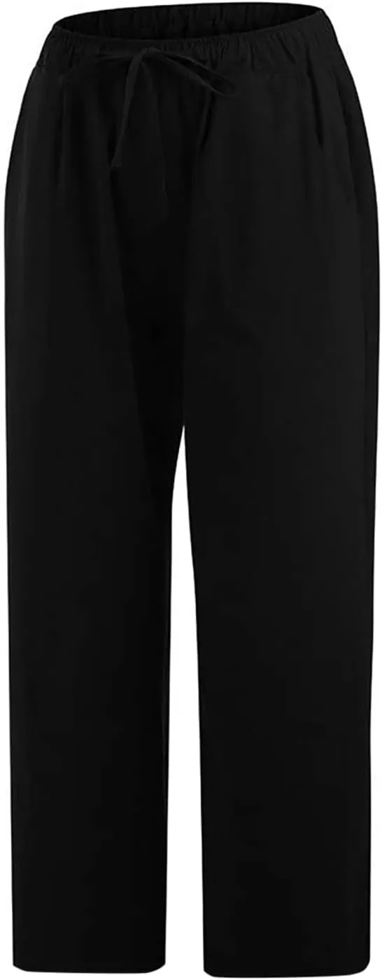 SMIDOW Cotton Linen Wide Leg Pants for Women Casual Summer Drawstring Elastic Waist Capris Loose Cropped Trouser with Pockets