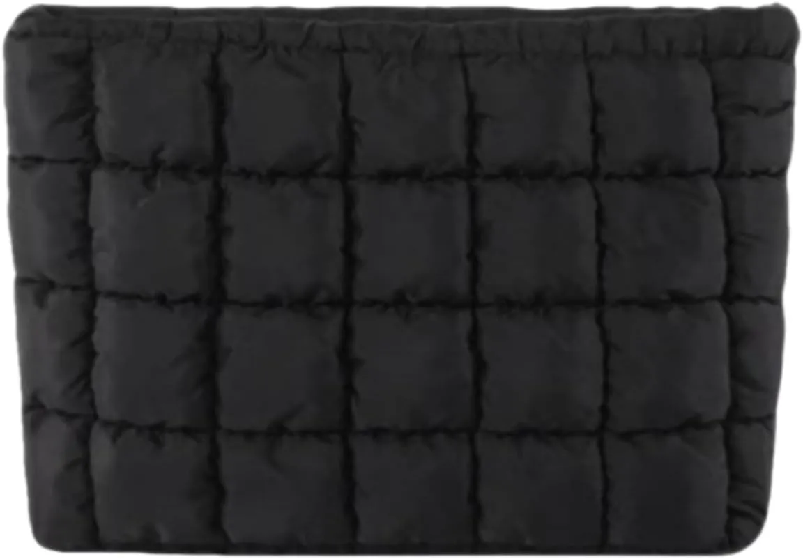 Soft Checkered Quilted Puffy Makeup Bag for Women, Aesthetic Puffer Cosmetic Bag Pouch for Purse (Black)