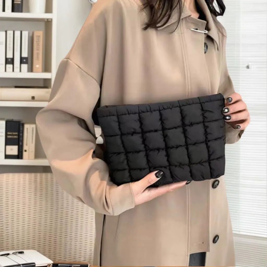 Soft Checkered Quilted Puffy Makeup Bag for Women, Aesthetic Puffer Cosmetic Bag Pouch for Purse (Black)