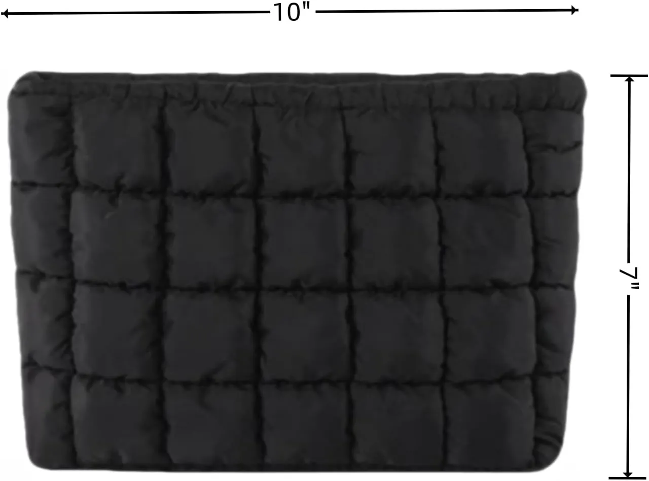 Soft Checkered Quilted Puffy Makeup Bag for Women, Aesthetic Puffer Cosmetic Bag Pouch for Purse (Black)