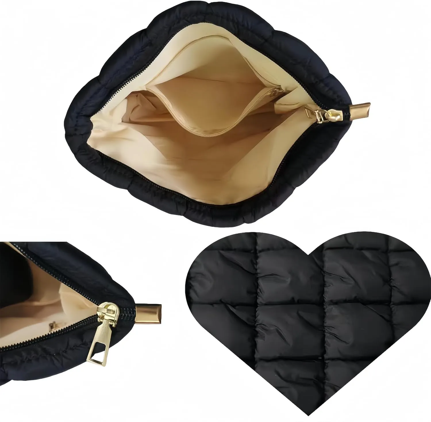 Soft Checkered Quilted Puffy Makeup Bag for Women, Aesthetic Puffer Cosmetic Bag Pouch for Purse (Black)