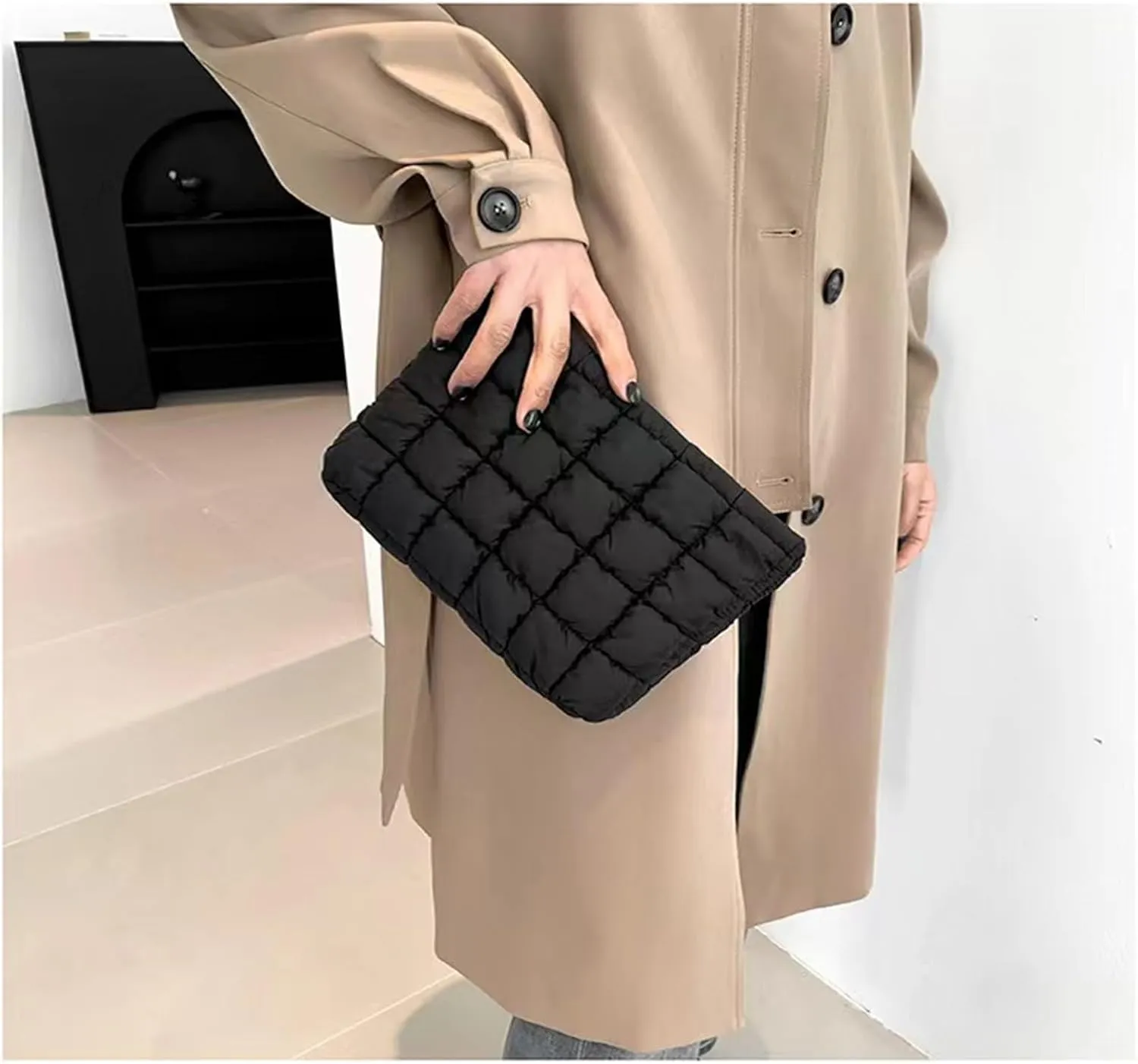 Soft Checkered Quilted Puffy Makeup Bag for Women, Aesthetic Puffer Cosmetic Bag Pouch for Purse (Black)