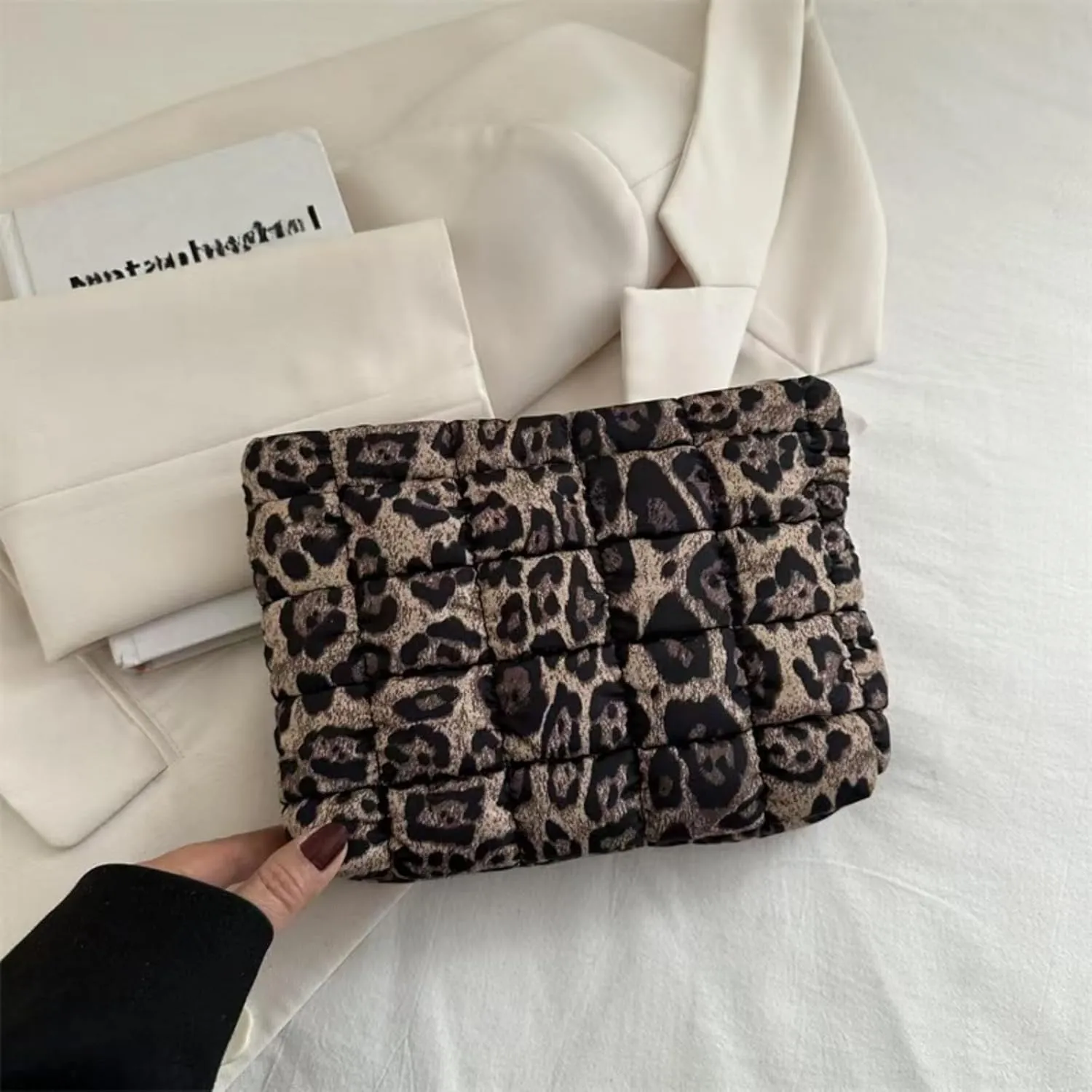 Soft Checkered Quilted Puffy Makeup Bag for Women, Aesthetic Puffer Cosmetic Bag Pouch for Purse (Brown Leopard)