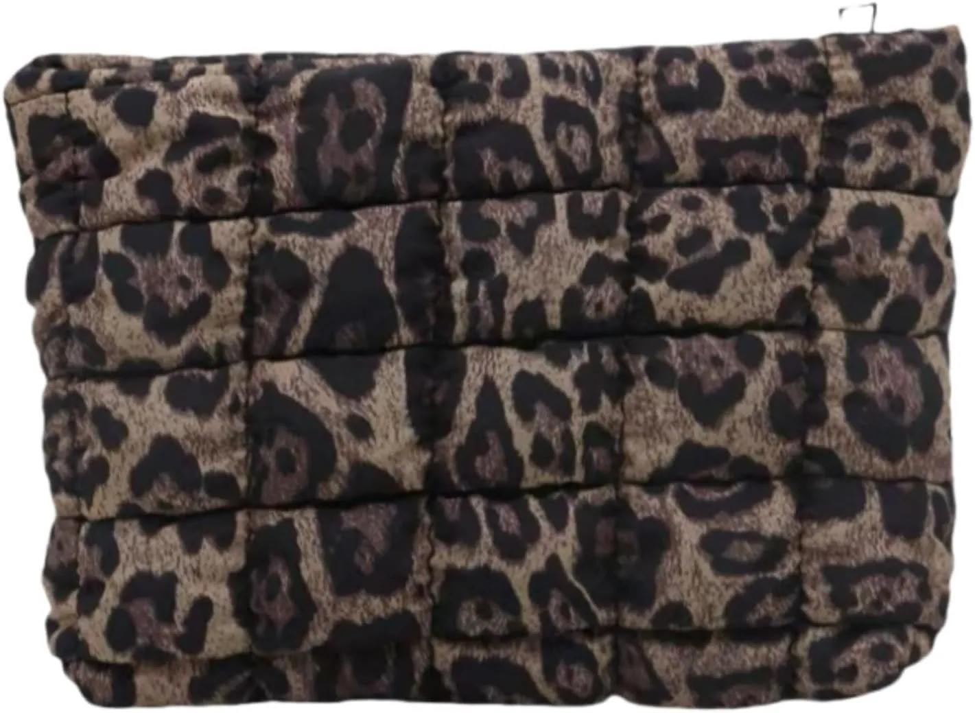Soft Checkered Quilted Puffy Makeup Bag for Women, Aesthetic Puffer Cosmetic Bag Pouch for Purse (Brown Leopard)