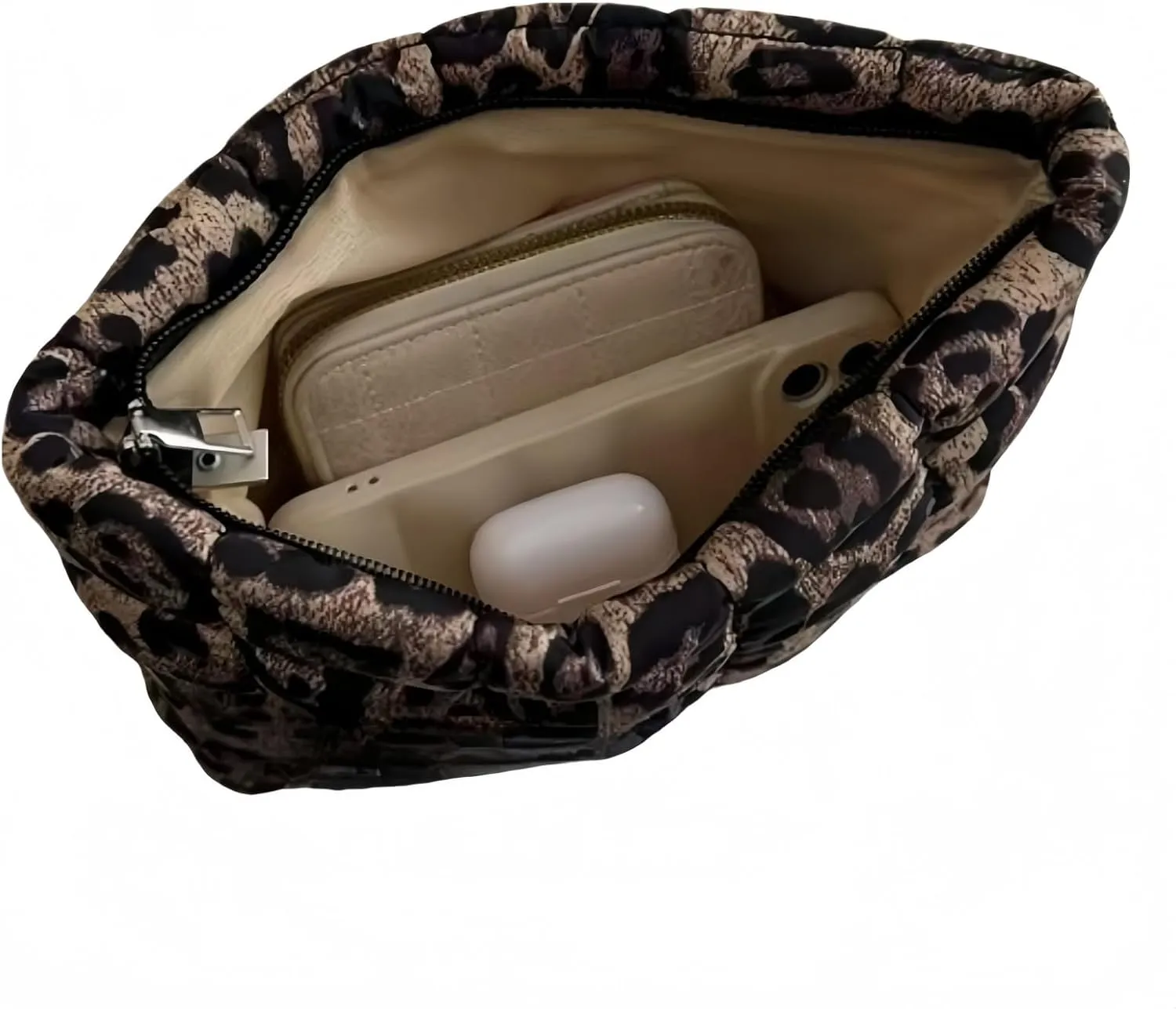 Soft Checkered Quilted Puffy Makeup Bag for Women, Aesthetic Puffer Cosmetic Bag Pouch for Purse (Brown Leopard)