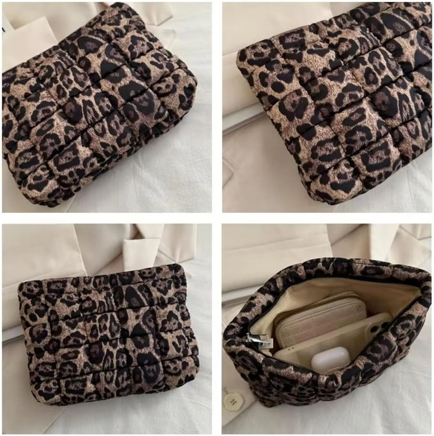 Soft Checkered Quilted Puffy Makeup Bag for Women, Aesthetic Puffer Cosmetic Bag Pouch for Purse (Brown Leopard)