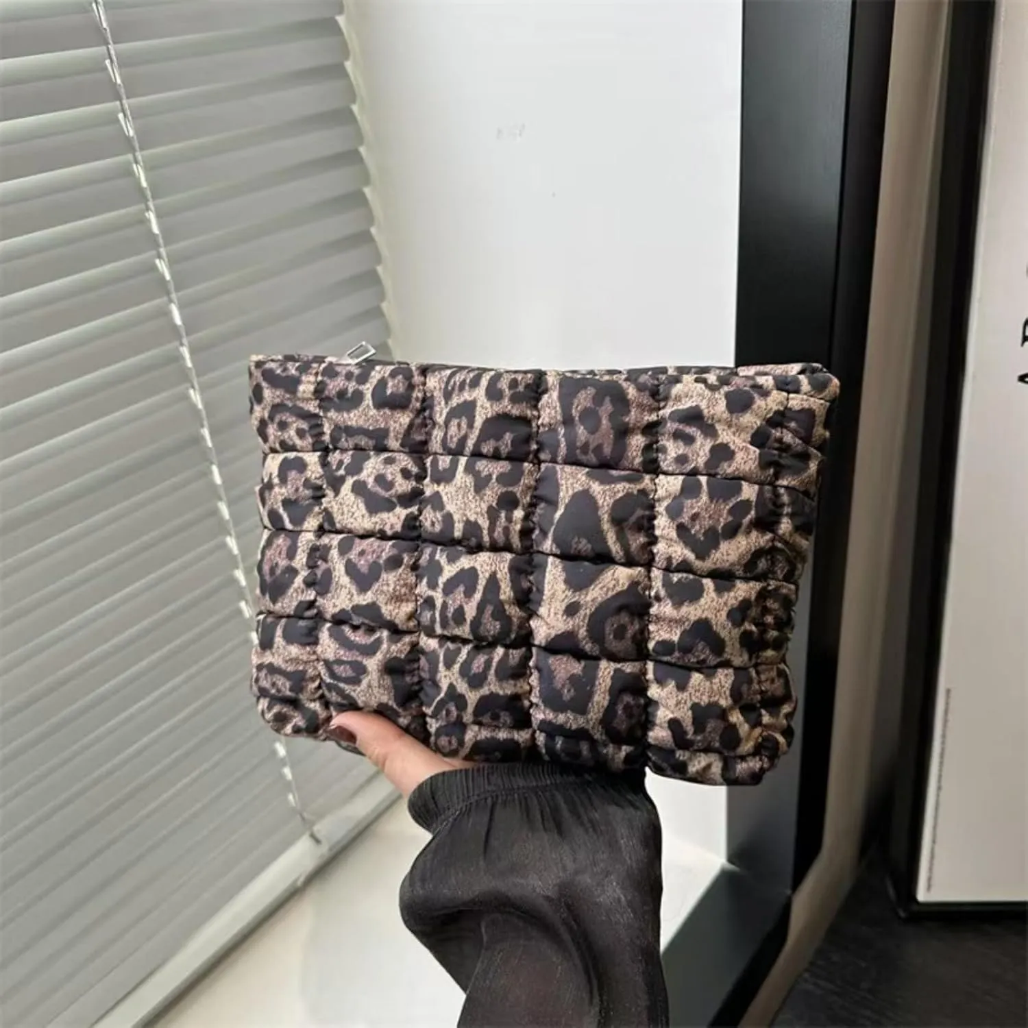 Soft Checkered Quilted Puffy Makeup Bag for Women, Aesthetic Puffer Cosmetic Bag Pouch for Purse (Brown Leopard)