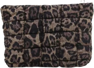Soft Checkered Quilted Puffy Makeup Bag for Women, Aesthetic Puffer Cosmetic Bag Pouch for Purse (Brown Leopard)