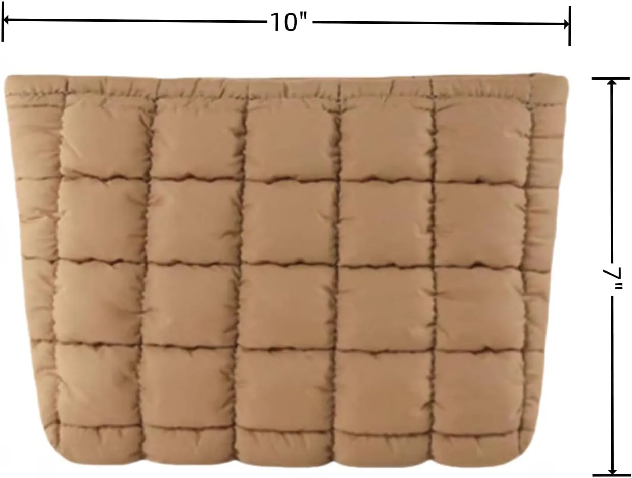 Soft Checkered Quilted Puffy Makeup Bag for Women, Aesthetic Puffer Cosmetic Bag Pouch for Purse (Brown)
