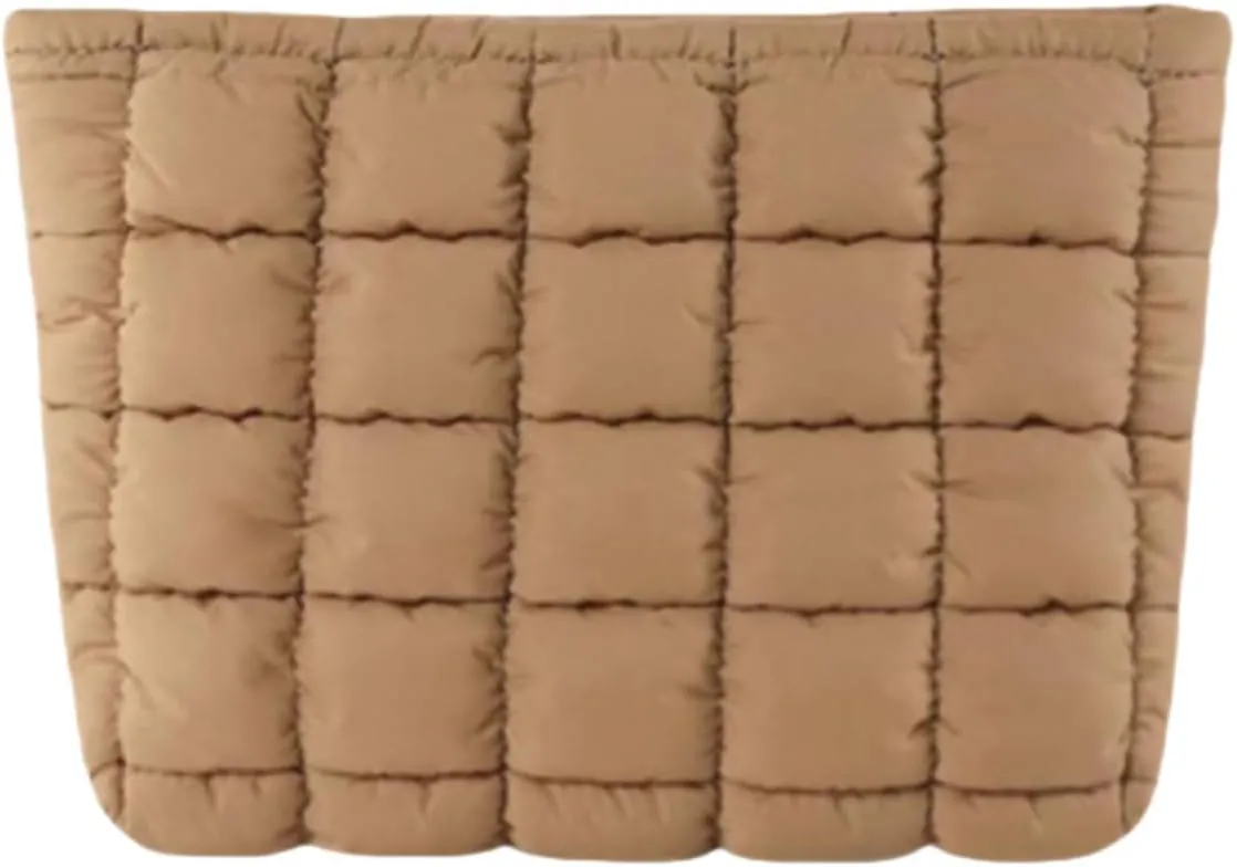 Soft Checkered Quilted Puffy Makeup Bag for Women, Aesthetic Puffer Cosmetic Bag Pouch for Purse (Brown)