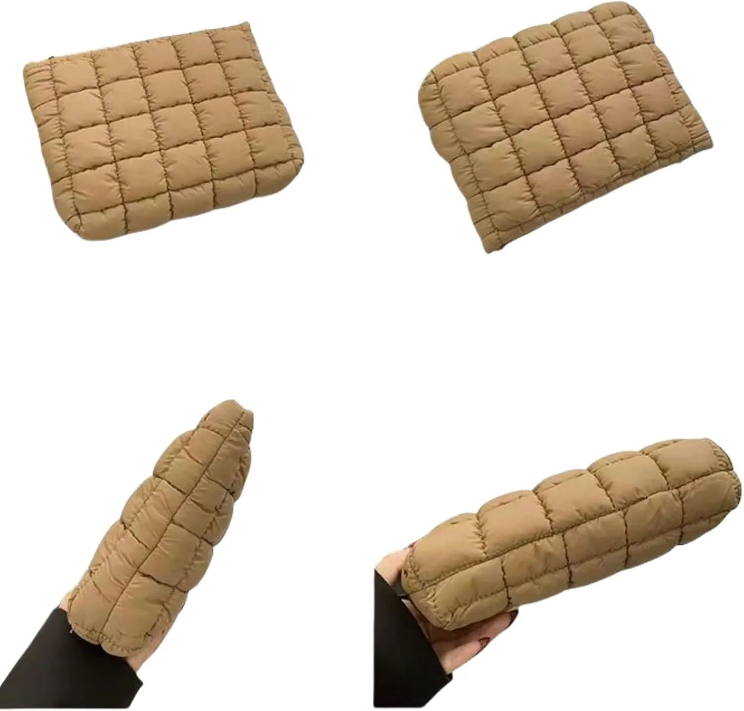Soft Checkered Quilted Puffy Makeup Bag for Women, Aesthetic Puffer Cosmetic Bag Pouch for Purse (Brown)