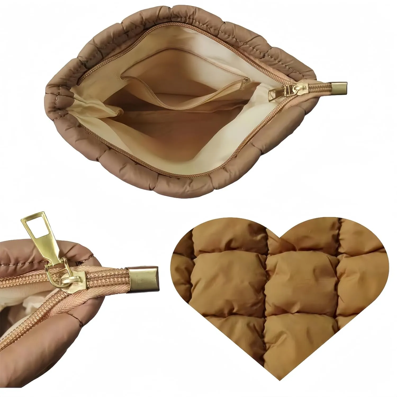 Soft Checkered Quilted Puffy Makeup Bag for Women, Aesthetic Puffer Cosmetic Bag Pouch for Purse (Brown)