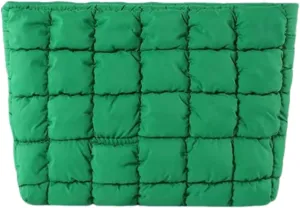 Soft Checkered Quilted Puffy Makeup Bag for Women, Aesthetic Puffer Cosmetic Bag Pouch for Purse (Green)