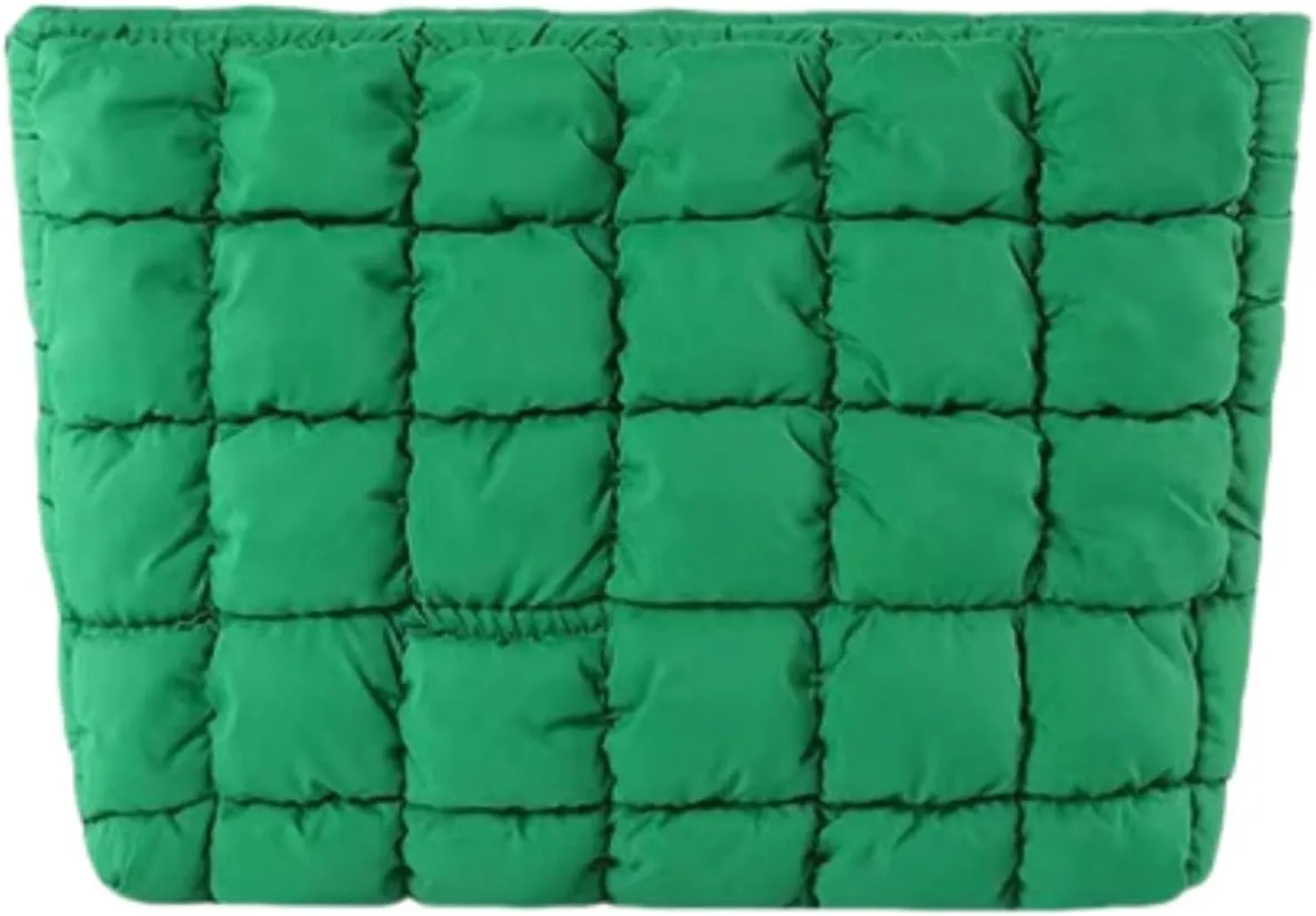 Soft Checkered Quilted Puffy Makeup Bag for Women, Aesthetic Puffer Cosmetic Bag Pouch for Purse (Green)