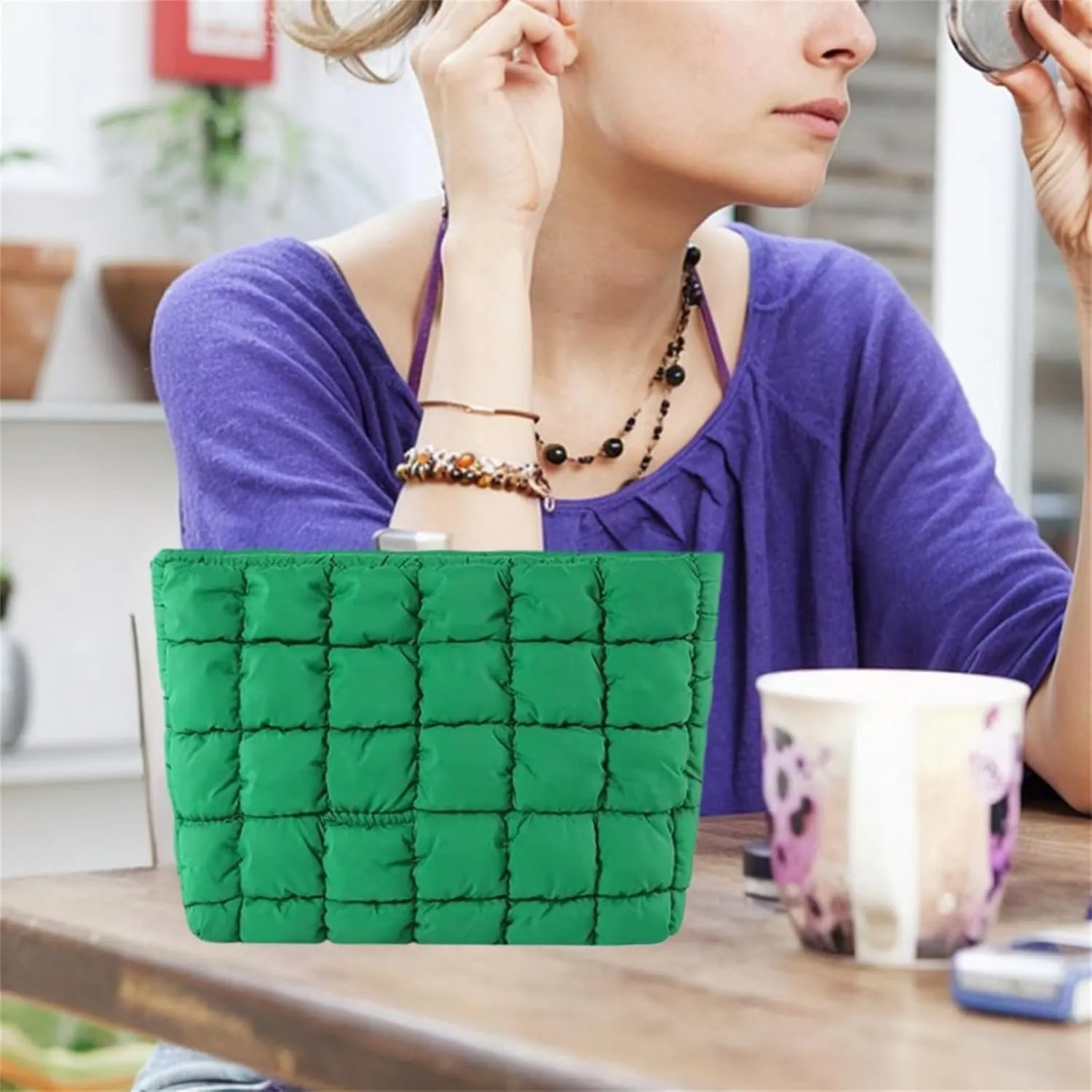 Soft Checkered Quilted Puffy Makeup Bag for Women, Aesthetic Puffer Cosmetic Bag Pouch for Purse (Green)