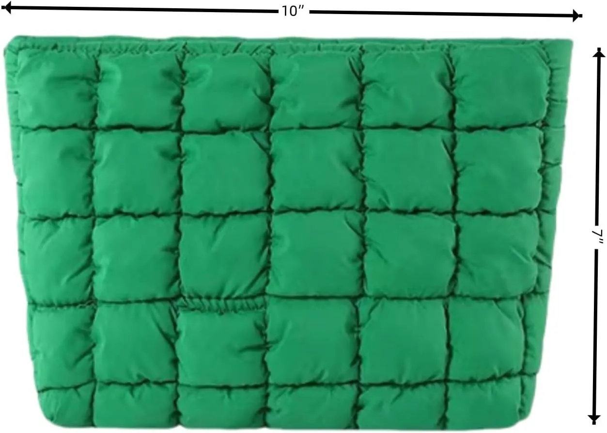 Soft Checkered Quilted Puffy Makeup Bag for Women, Aesthetic Puffer Cosmetic Bag Pouch for Purse (Green)