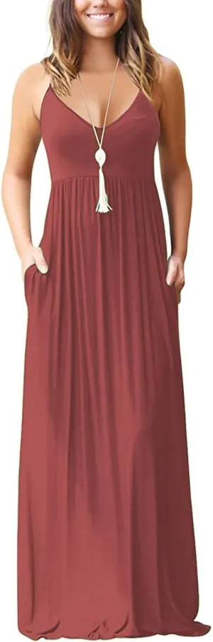 Soinku Women's Sundress 2025 Summer Casual Loose Maxi Dress Adjustable Spaghetti Strap Beach Long Dress with Pockets