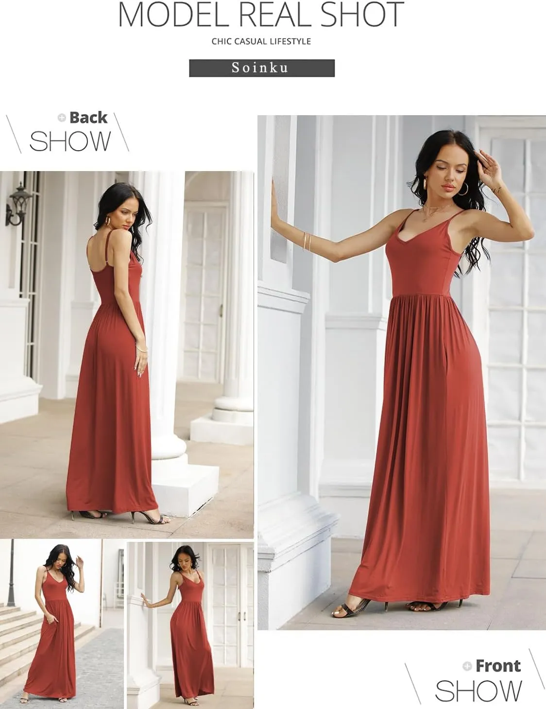 Soinku Women's Sundress 2025 Summer Casual Loose Maxi Dress Adjustable Spaghetti Strap Beach Long Dress with Pockets