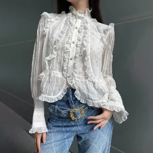 Solid Patchwork Diamonds Elegant Blouses For Women Stand Collar Long Sleeve Splicced Ruffles Blouse Female Fashion