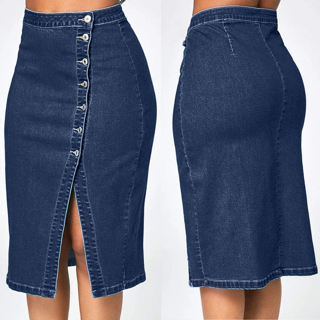 Solid Women Fashion Denim Pencil Skirt High Waisted Blow Knee Blue Jeans Skirts Plus Size Button Costume Leather