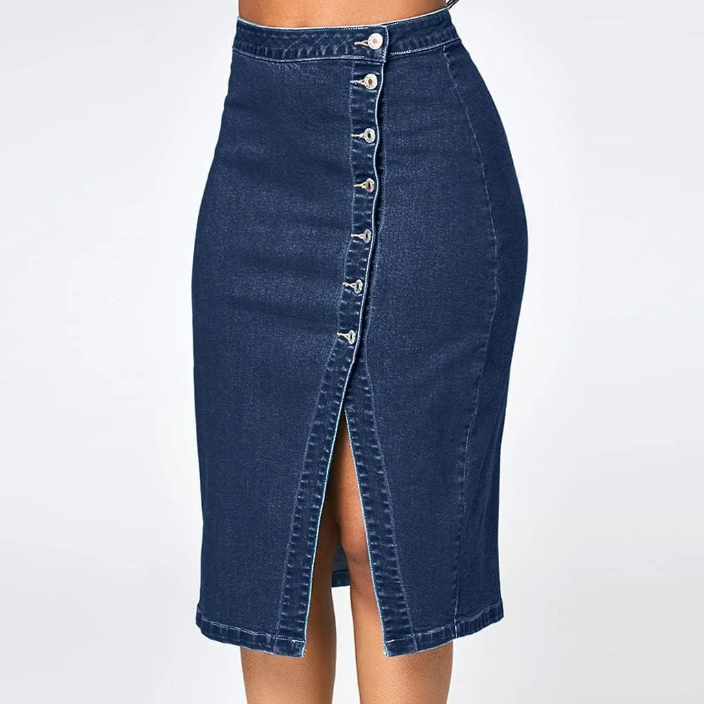 Solid Women Fashion Denim Pencil Skirt High Waisted Blow Knee Blue Jeans Skirts Plus Size Button Costume Leather