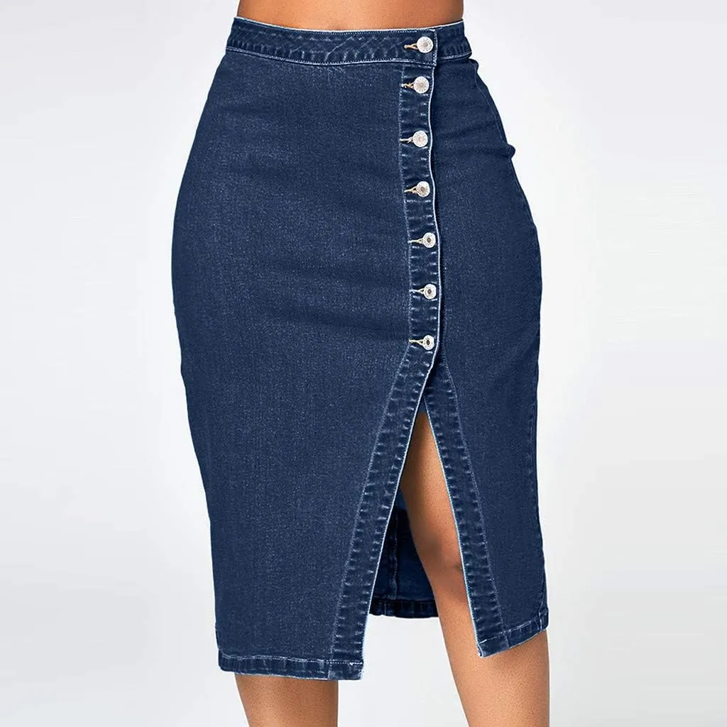 Solid Women Fashion Denim Pencil Skirt High Waisted Blow Knee Blue Jeans Skirts Plus Size Button Costume Leather