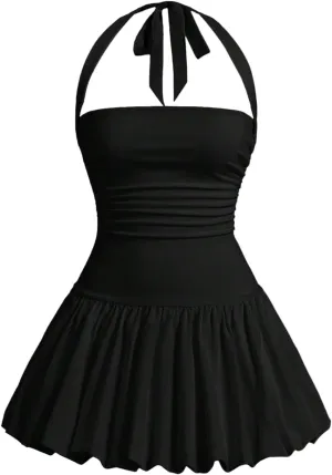 SOLY HUX Women's Bubble Mini Dress Halter Backless Ruched Y2K Club Party Short Sundress with Built-in Shorts