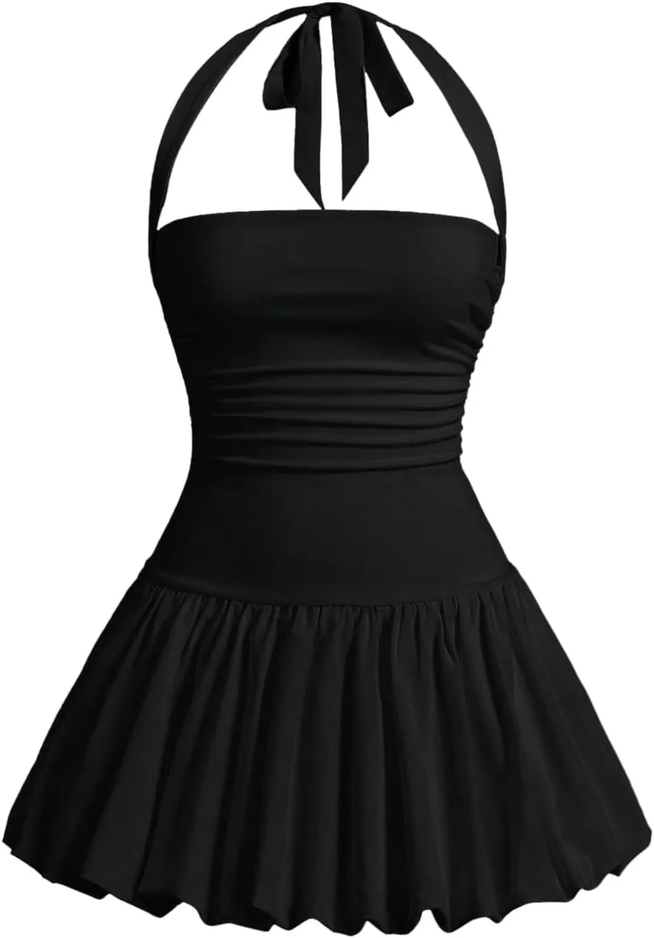 SOLY HUX Women's Bubble Mini Dress Halter Backless Ruched Y2K Club Party Short Sundress with Built-in Shorts