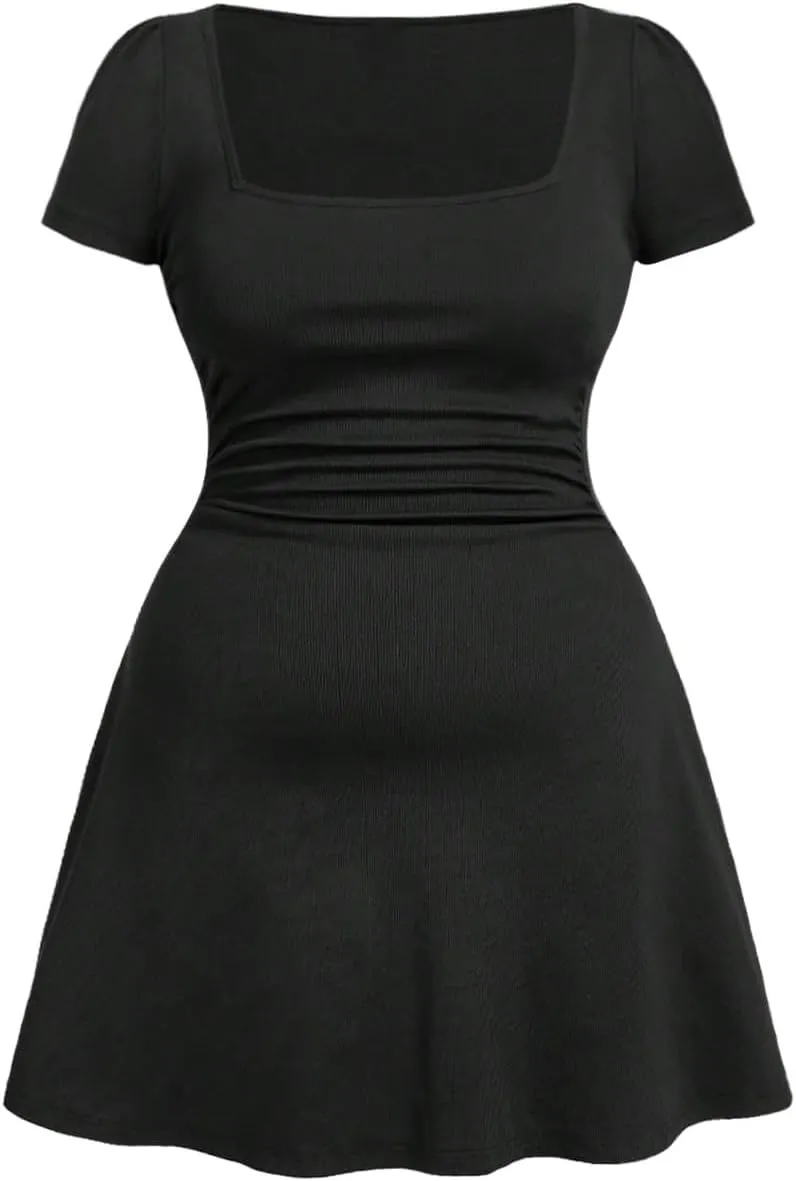 SOLY HUX Women's Plus Size Square Neck Short Sleeve Mini Dress Party Summer A Line Dresses