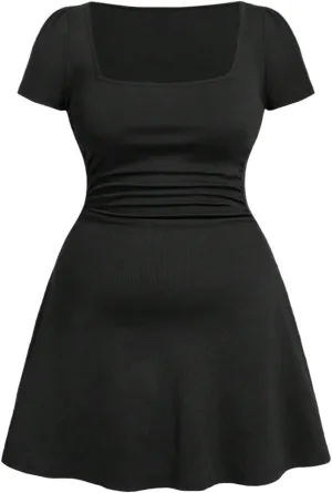 SOLY HUX Women's Plus Size Square Neck Short Sleeve Mini Dress Party Summer A Line Dresses
