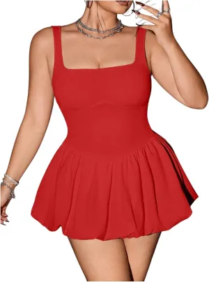 SOLY HUX Women's Plus Size Square Neck Sleeveless A Line Bubble Dress Y2k Mini Dresses