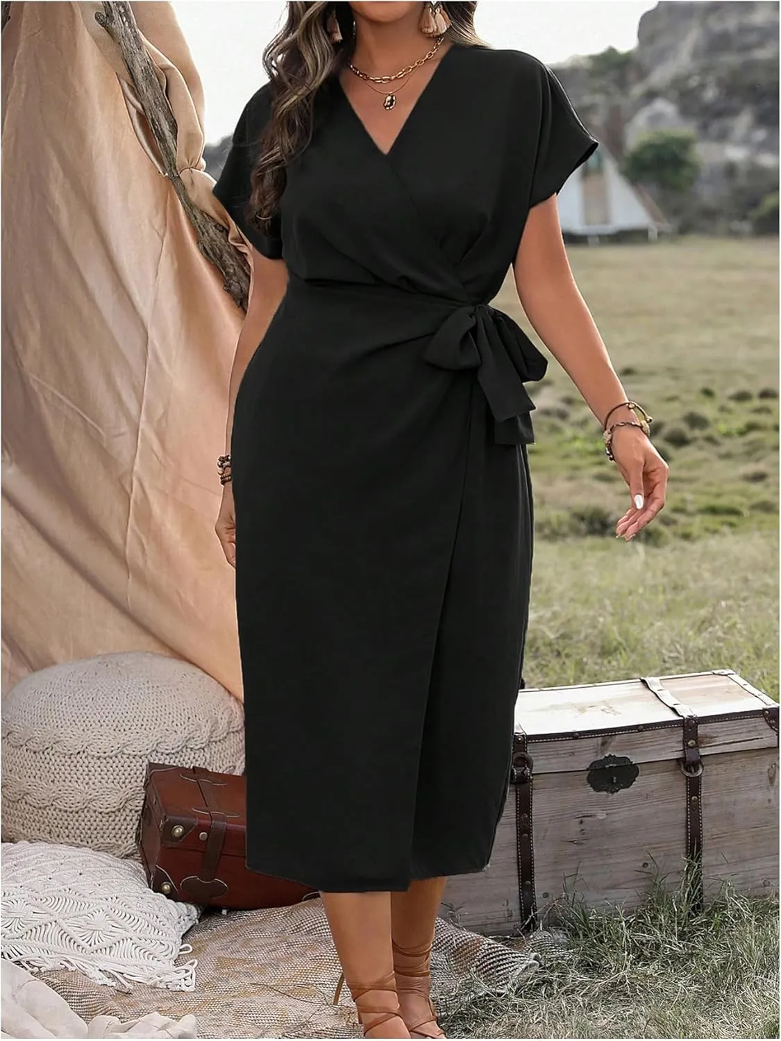 SOLY HUX Women's Plus Size Wrap V Neck Knot Side Midi Dress Short Sleeve Flowy Party Dresses