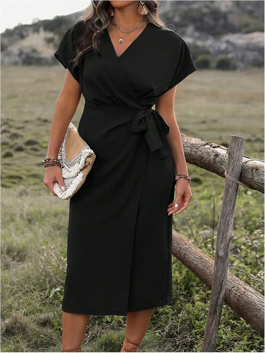 SOLY HUX Women's Plus Size Wrap V Neck Knot Side Midi Dress Short Sleeve Flowy Party Dresses