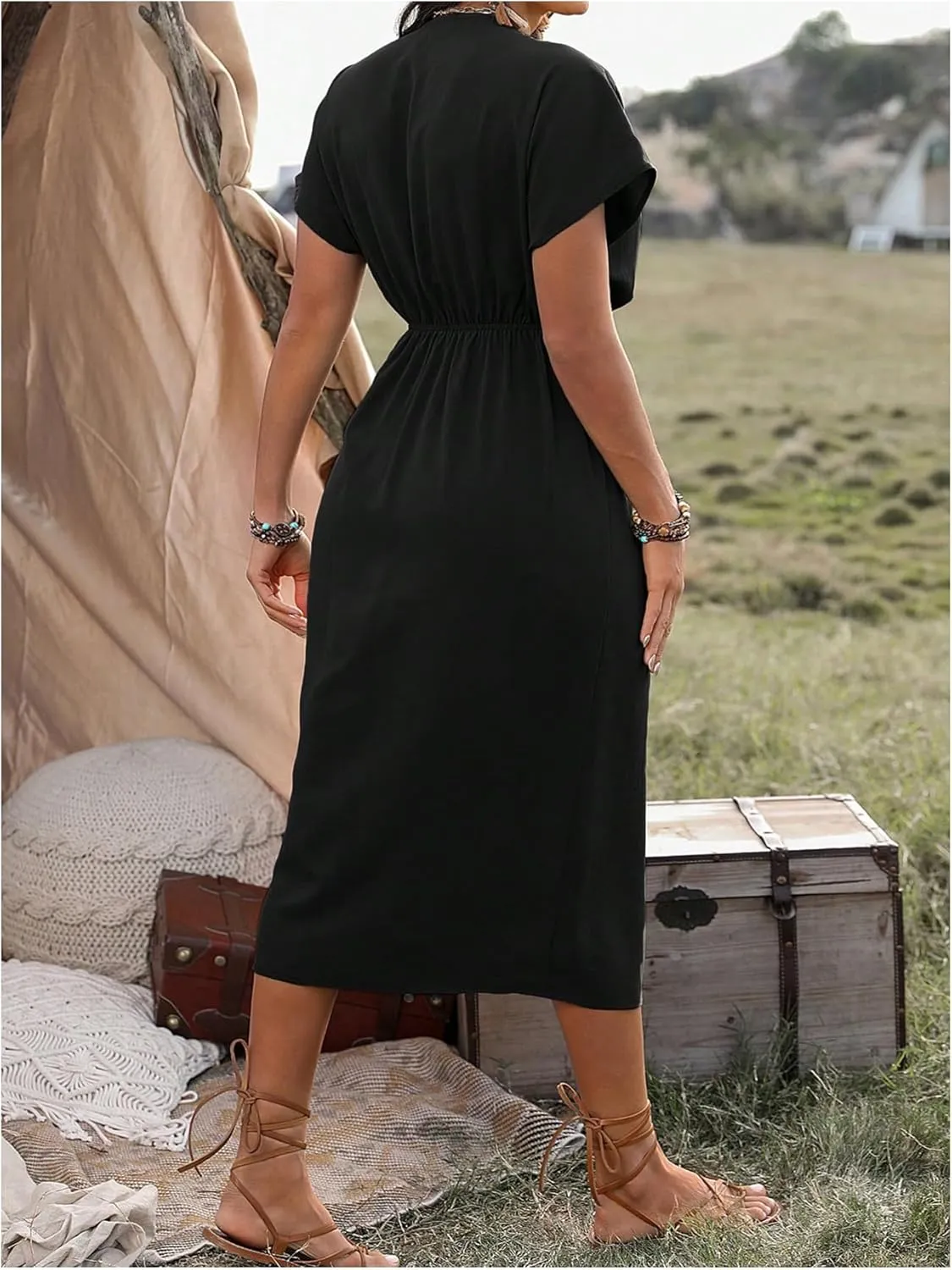 SOLY HUX Women's Plus Size Wrap V Neck Knot Side Midi Dress Short Sleeve Flowy Party Dresses