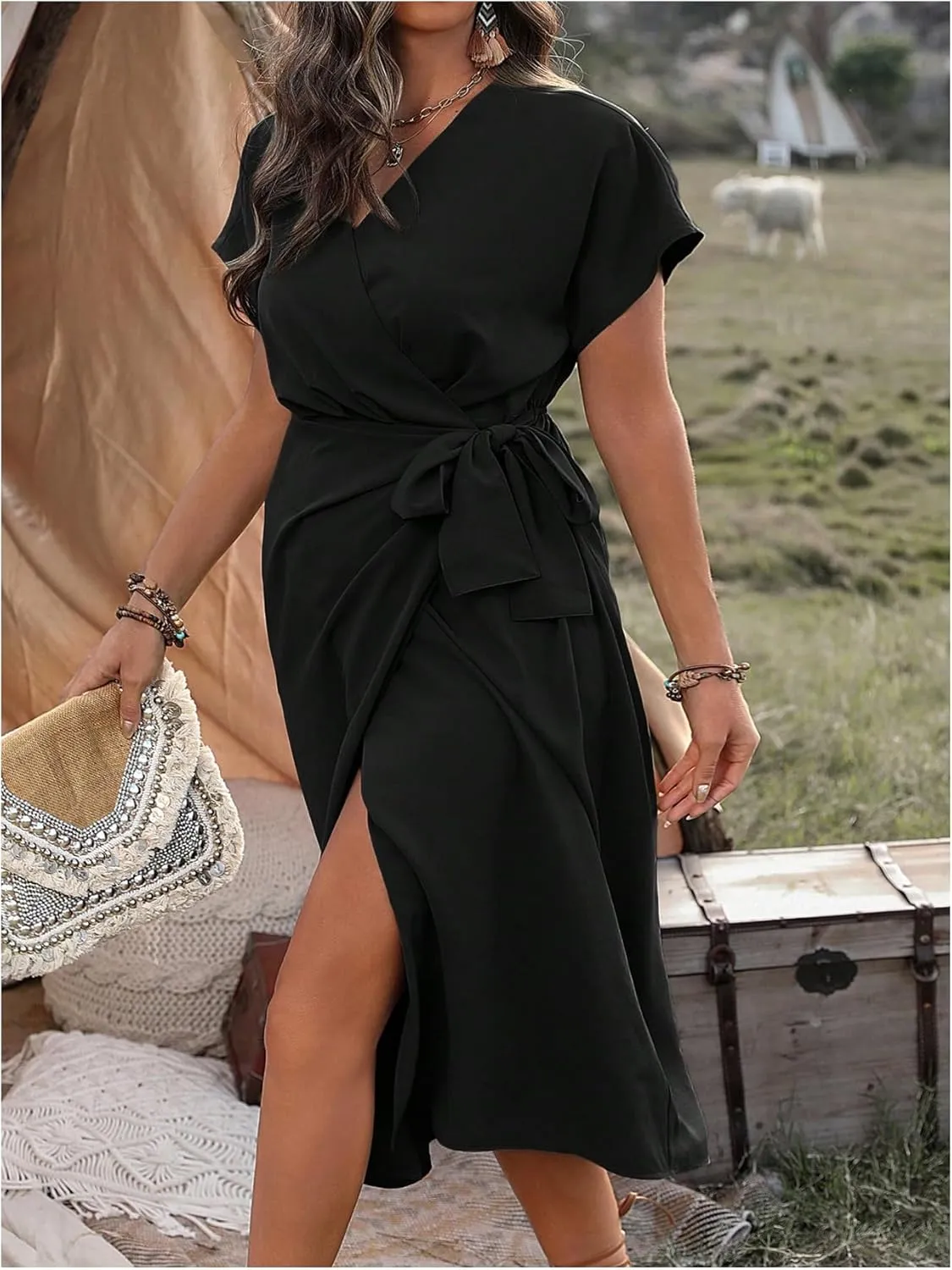 SOLY HUX Women's Plus Size Wrap V Neck Knot Side Midi Dress Short Sleeve Flowy Party Dresses