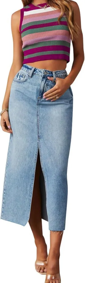 SOMTHRON Women's High Waisted Front Split Denim Skirt A-line Bodycon Business Casual Jean Midi Long Pencil Skirt
