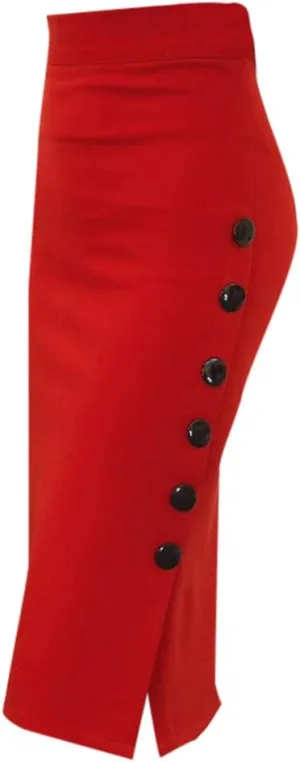 Split Size Office Multiple Pencil Womens High Skirt Waisted Button Skirt Ladies Pleated Midi Skirts for Women (Red, XXL)
