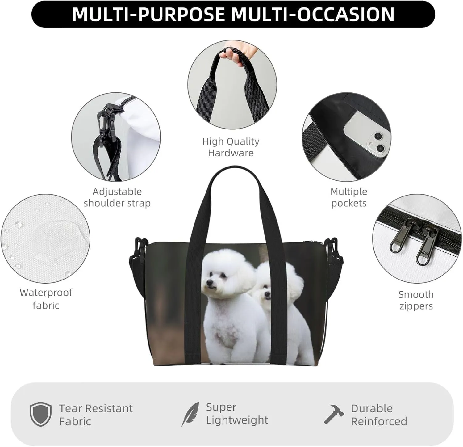 Sports Gym Bag for Women Men Travel Duffel Bag Tote Bichon Frise Weekender Bag Canvas Carry on Overnight Bag for Travel Swimming Fitness Workout Sports Duffle Bag
