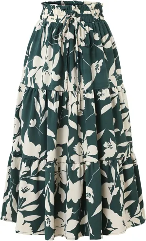 Spring Skirts for Women 2025 Floral Beach Midi Skirt Flowy Tiered Elastic High Waisted Skirts Swing A Line Skirt