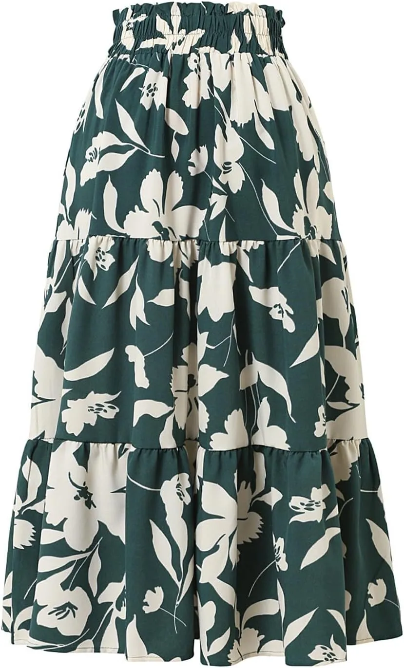 Spring Skirts for Women 2025 Floral Beach Midi Skirt Flowy Tiered Elastic High Waisted Skirts Swing A Line Skirt